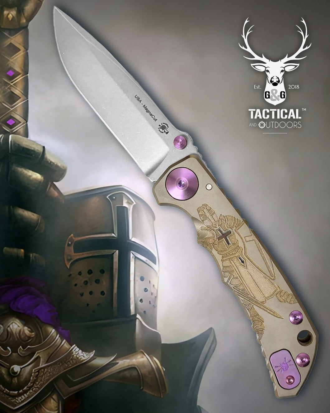 Spartan Blades Harsey Folder - Crusader Theme, Magnacut Blade, Purple Hardware Knife