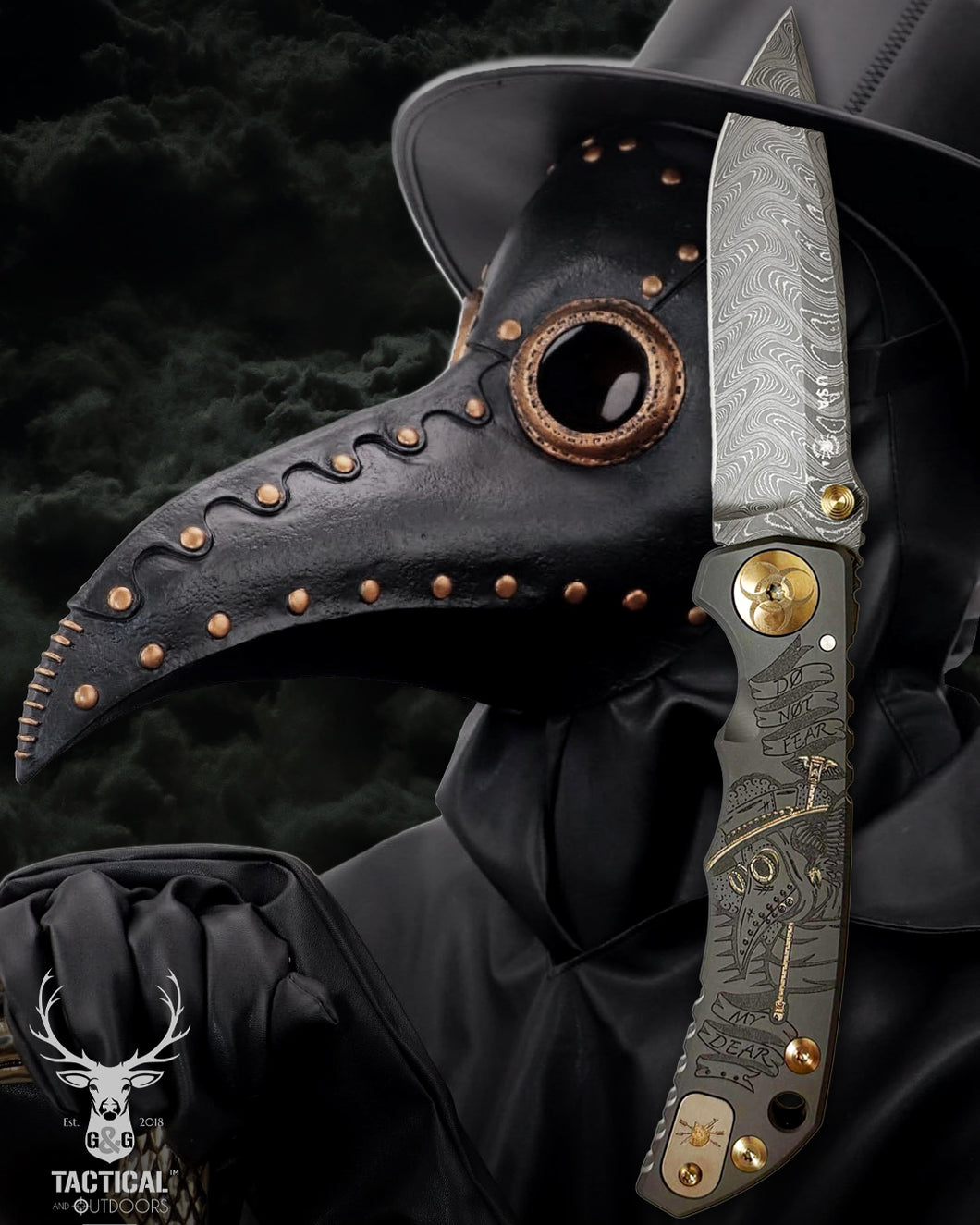 Spartan Blades Harsey Folder - Plague Doctor Black with Chad Nichols Damascus Blade Knife